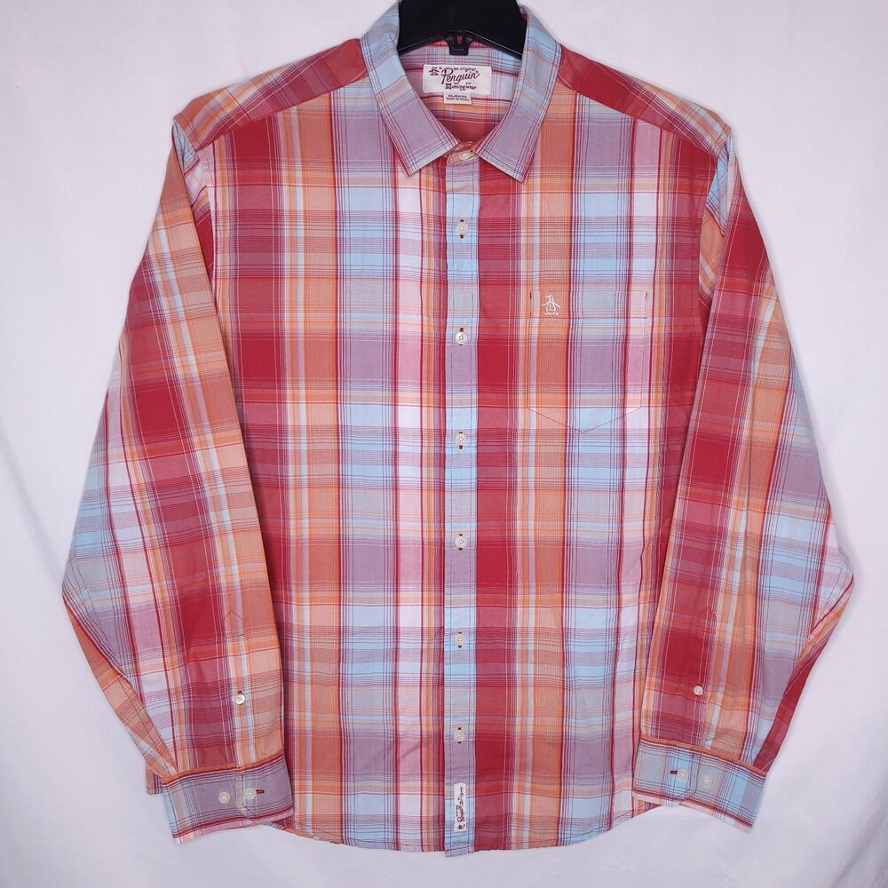 Penguin Shirt Mens XL Plaid Red, Blue Long Sleeve